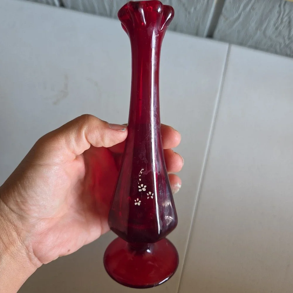 Fenton Ruby Red Swung Bud Crimped Glass Vase Hand-Painted Floral Artist Signed